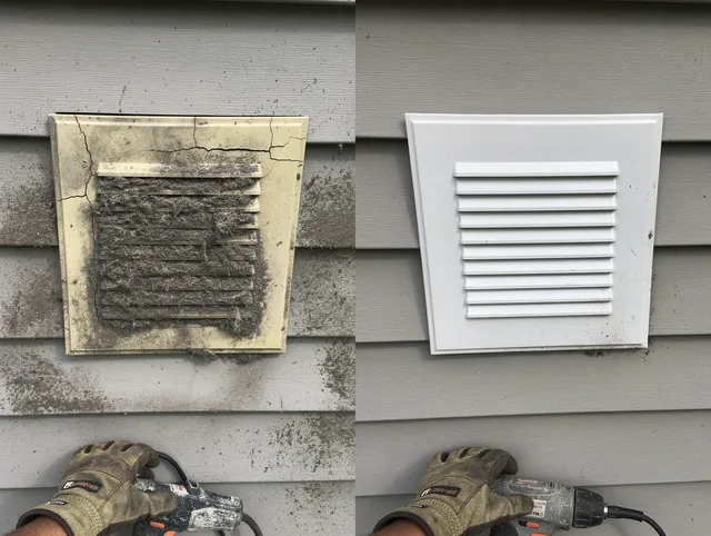 Naugatuck Dryer Vent Cleaning technician installing high-quality dryer vent cover at a residential property in Naugatuck