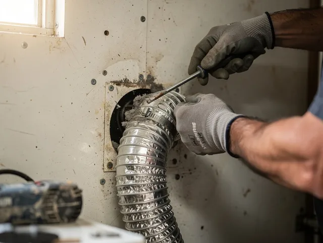 Naugatuck Dryer Vent Cleaning technician performing precise dryer vent hose installation in Naugatuck